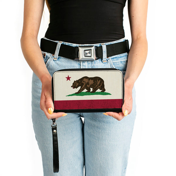 Buckle-Down PU Zip Around Wallet Rectangle - California Flag Bear Weathered White