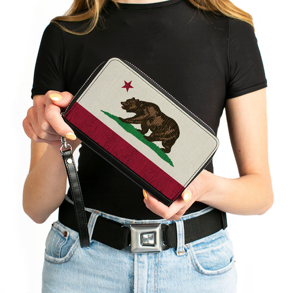 Buckle-Down PU Zip Around Wallet Rectangle - California Flag Bear Weathered White