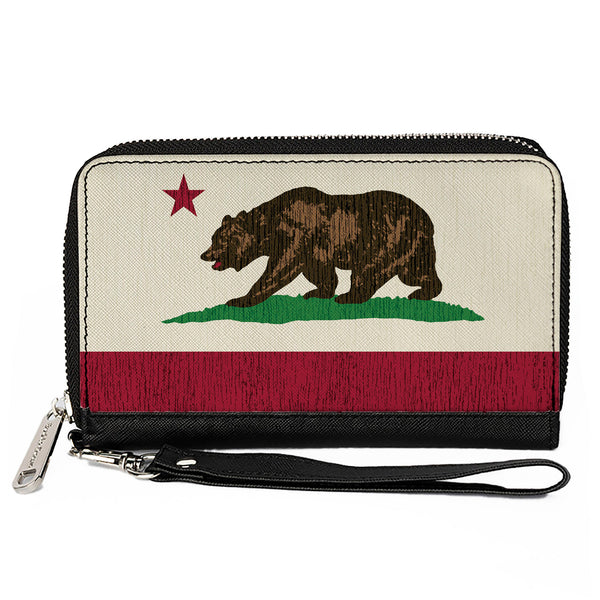 Buckle-Down PU Zip Around Wallet Rectangle - California Flag Bear Weathered White
