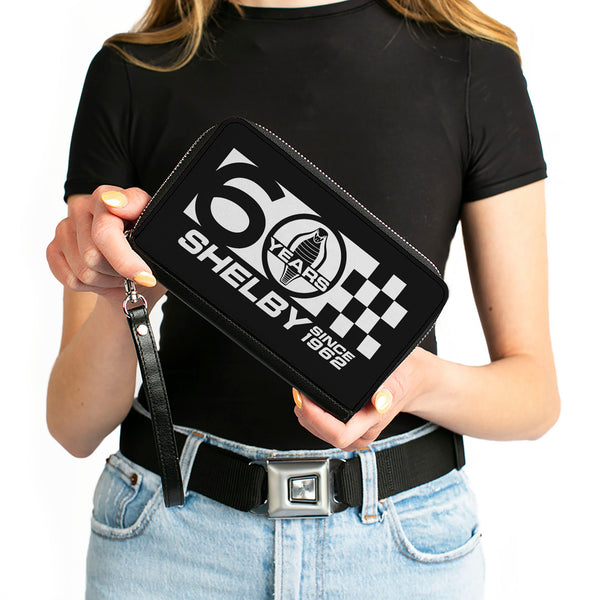 Buckle-Down PU Zip Around Wallet Rectangle - Carroll Shelby 60 YEARS-SHELBY SINCE 1962 Checker Logo Black/White
