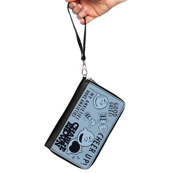 Buckle-Down PU Zip Around Wallet Rectangle - CHARLIE BROWN Poses And Quotes Baby Blue/Black
