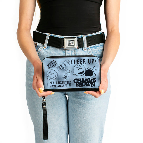 Buckle-Down PU Zip Around Wallet Rectangle - CHARLIE BROWN Poses And Quotes Baby Blue/Black