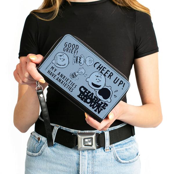 Buckle-Down PU Zip Around Wallet Rectangle - CHARLIE BROWN Poses And Quotes Baby Blue/Black