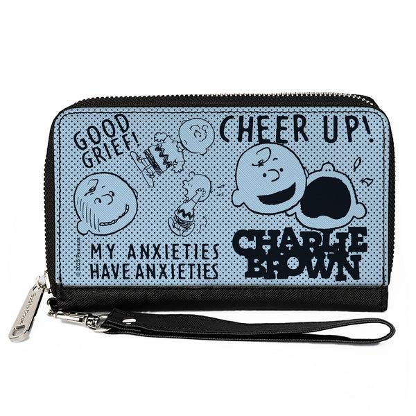 Buckle-Down PU Zip Around Wallet Rectangle - CHARLIE BROWN Poses and Quotes Baby Blue/Black