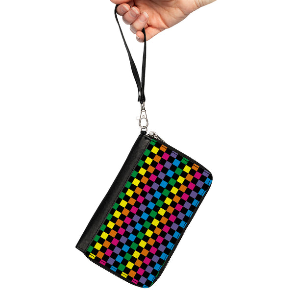 Buckle-Down PU Zip Around Wallet Rectangle - Checker Black/Neon Rainbow