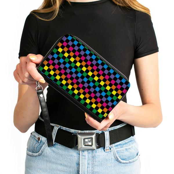 Buckle-Down PU Zip Around Wallet Rectangle - Checker Black/Neon Rainbow