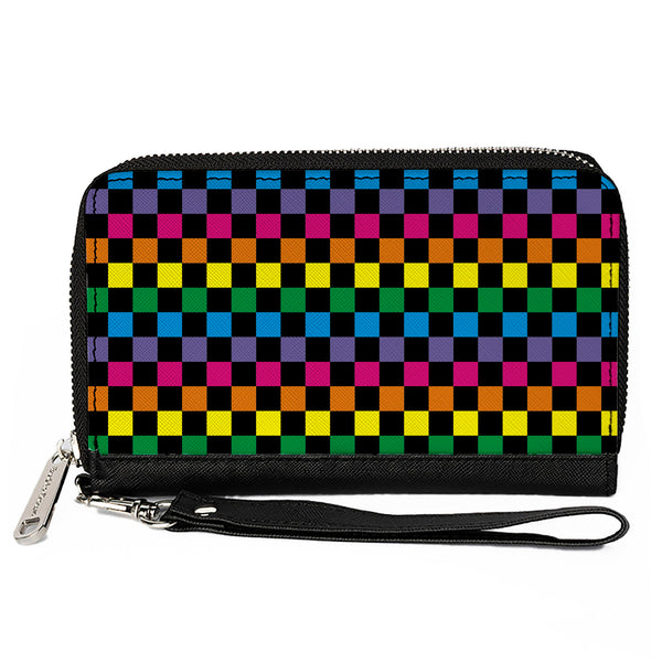 Buckle-Down PU Zip Around Wallet Rectangle - Checker Black/Neon Rainbow