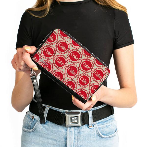 Buckle-Down PU Zip Around Wallet Rectangle - Coca-Cola COKE Bottle Caps Collage White/Red
