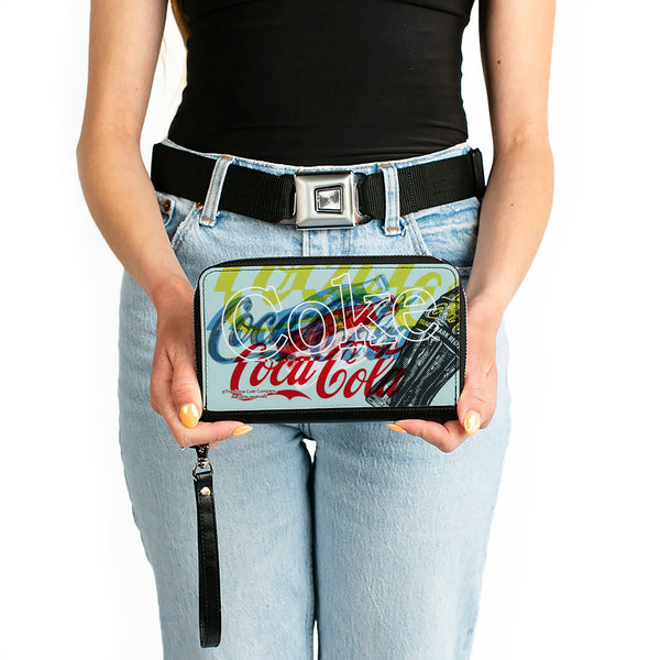 Buckle-Down PU Zip Around Wallet Rectangle - COCA-COLA COKE Logos And Bottle Pop Art White/Multi Color
