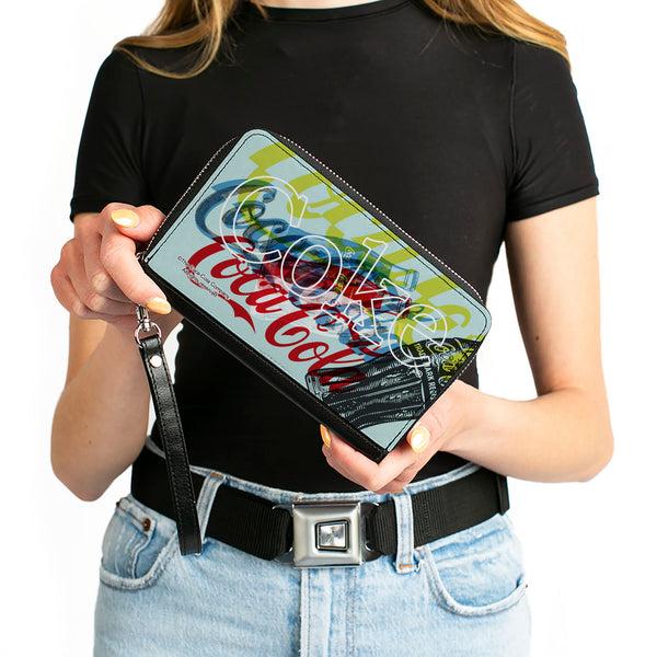 Buckle-Down PU Zip Around Wallet Rectangle - COCA-COLA COKE Logos And Bottle Pop Art White/Multi Color