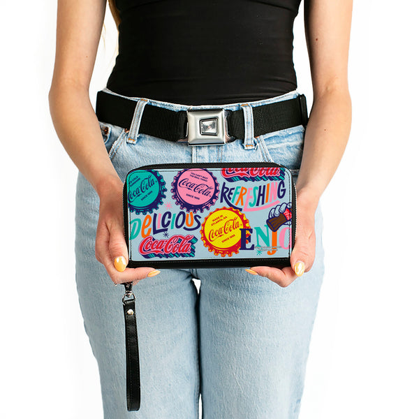 Buckle-Down PU Zip Around Wallet Rectangle - COCA-COLA DELICIOUS REFRESHING Bottle Caps Light Blue/Multi Color