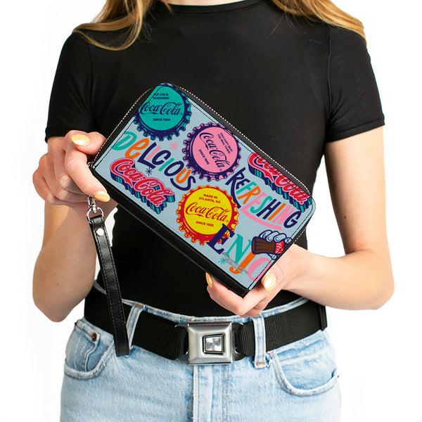Buckle-Down PU Zip Around Wallet Rectangle - COCA-COLA DELICIOUS REFRESHING Bottle Caps Light Blue/Multi Color