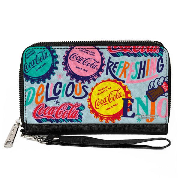 Buckle-Down PU Zip Around Wallet Rectangle - COCA-COLA DELICIOUS REFRESHING Bottle Caps Light Blue/Multi Color