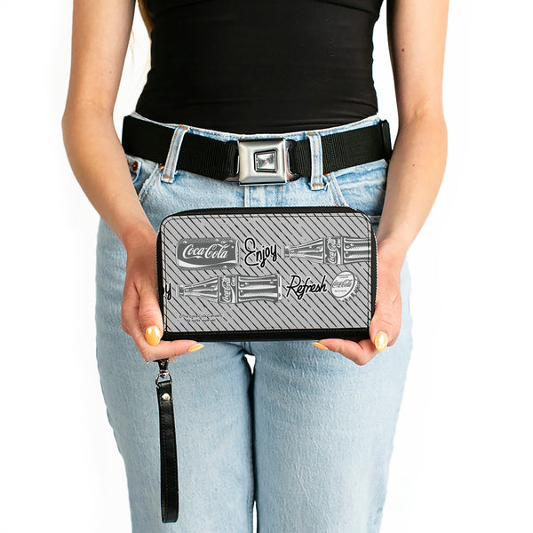 Buckle-Down PU Zip Around Wallet Rectangle - Coca-Cola ENJOY REFRESH Can And Bottle Grays/White/Black
