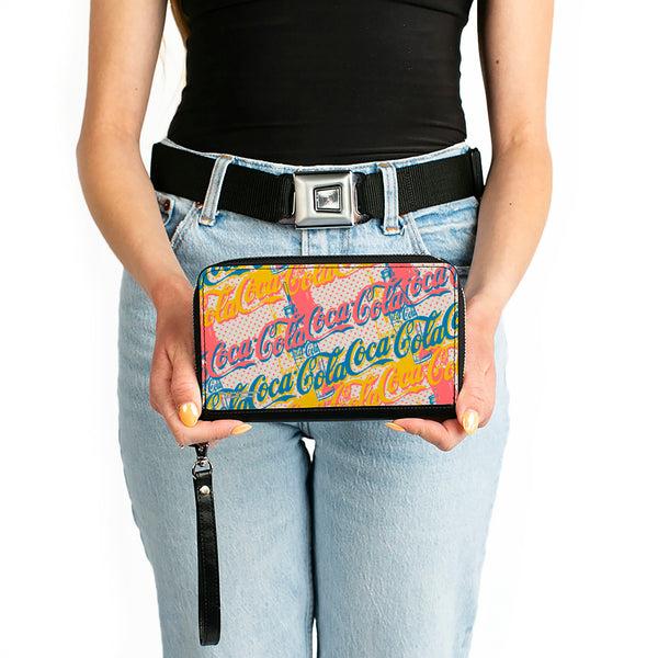 Buckle-Down PU Zip Around Wallet Rectangle - COCA-COLA Script Logo Stacked Pop Art White/Multi Pastel