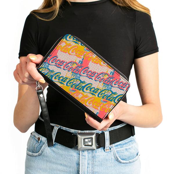 Buckle-Down PU Zip Around Wallet Rectangle - COCA-COLA Script Logo Stacked Pop Art White/Multi Pastel