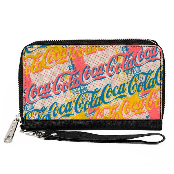 Buckle-Down PU Zip Around Wallet Rectangle - COCA-COLA Script Logo Stacked Pop Art White/Multi Pastel