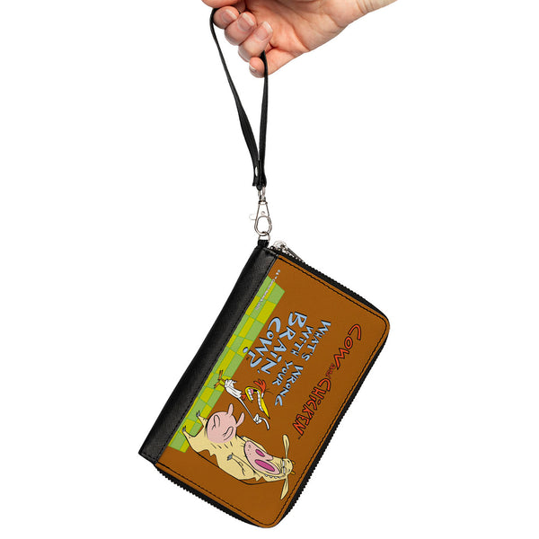Buckle-Down PU Zip Around Wallet Rectangle - COW AND CHICKEN WHAT'S WRONG WITH YOUR BRAIN Pose And Title Logo Brown