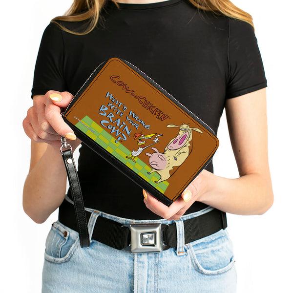 Buckle-Down PU Zip Around Wallet Rectangle - COW AND CHICKEN WHAT'S WRONG WITH YOUR BRAIN Pose And Title Logo Brown