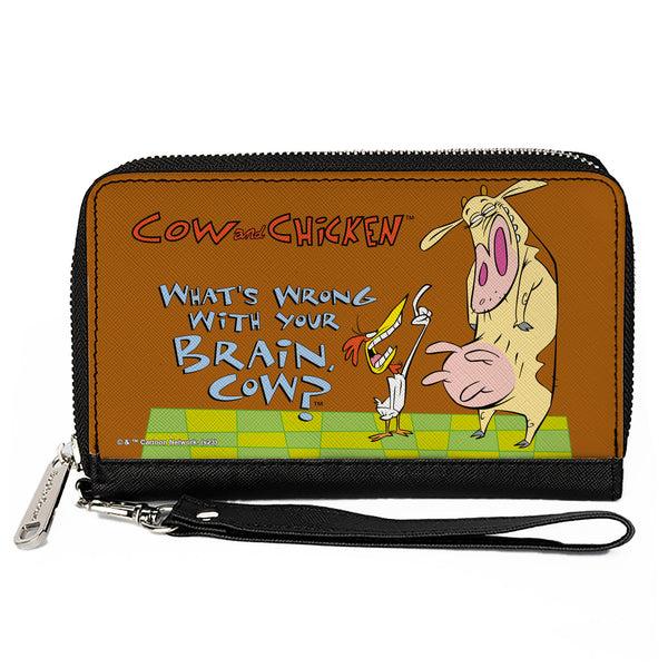 Buckle-Down PU Zip Around Wallet Rectangle - COW AND CHICKEN WHAT'S WRONG WITH YOUR BRAIN Pose and Title Logo Brown