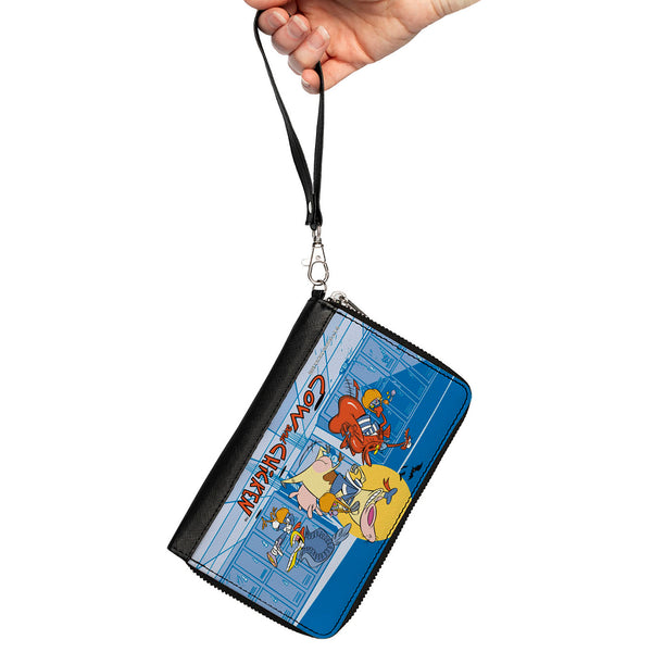 Buckle-Down PU Zip Around Wallet Rectangle - COW AND CHICKEN With Red Guy Running Pose And Title Logo Blues