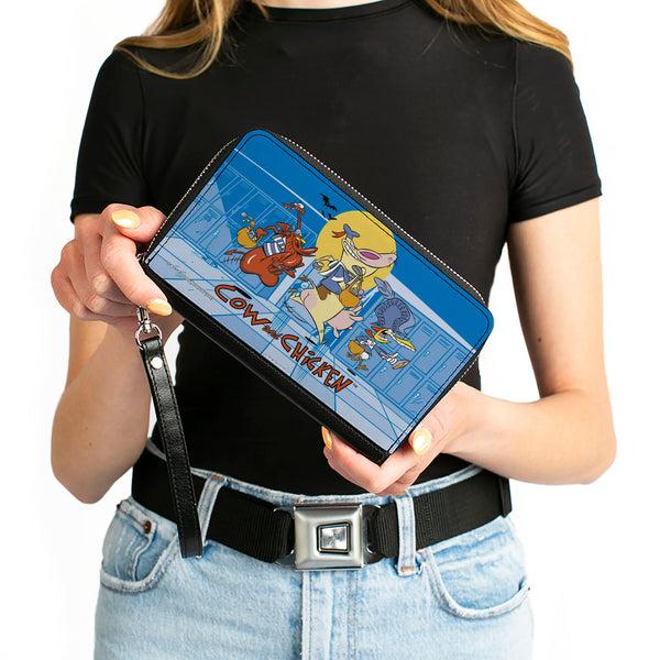 Buckle-Down PU Zip Around Wallet Rectangle - COW AND CHICKEN With Red Guy Running Pose And Title Logo Blues