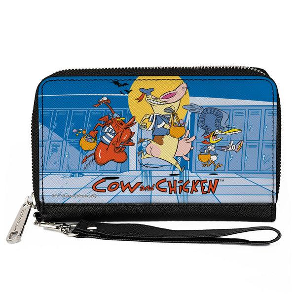 Buckle-Down PU Zip Around Wallet Rectangle - COW AND CHICKEN with Red Guy Running Pose and Title Logo Blues