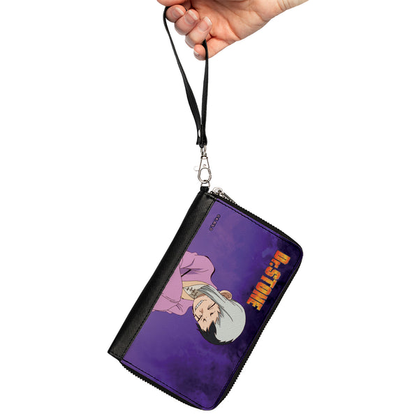Buckle-Down PU Zip Around Wallet Rectangle - DR. STONE Gen Asagiri Laughing Pose Title Logo Purples