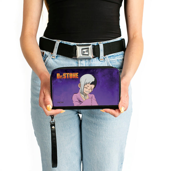 Buckle-Down PU Zip Around Wallet Rectangle - DR. STONE Gen Asagiri Laughing Pose Title Logo Purples