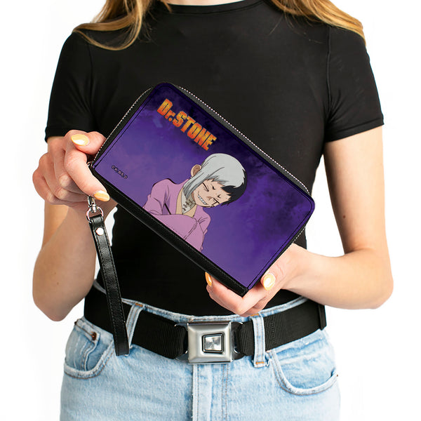 Buckle-Down PU Zip Around Wallet Rectangle - DR. STONE Gen Asagiri Laughing Pose Title Logo Purples