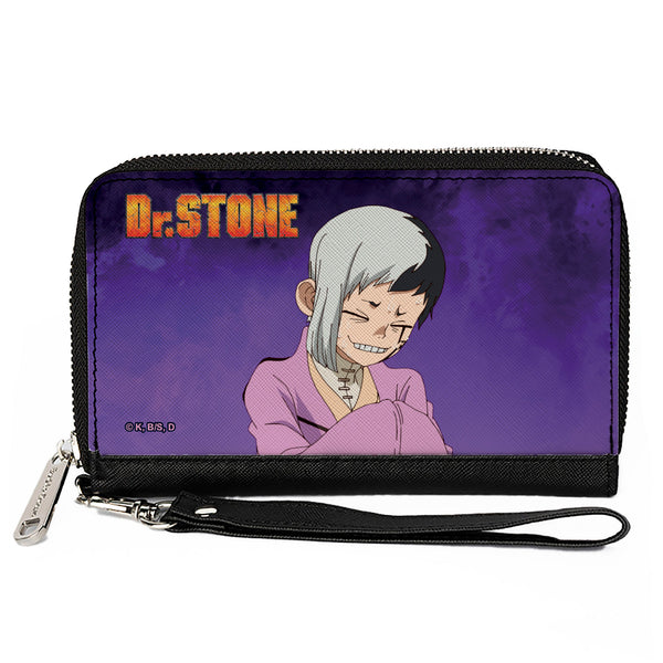 Buckle-Down PU Zip Around Wallet Rectangle - DR. STONE Gen Asagiri Laughing Pose Title Logo Purples