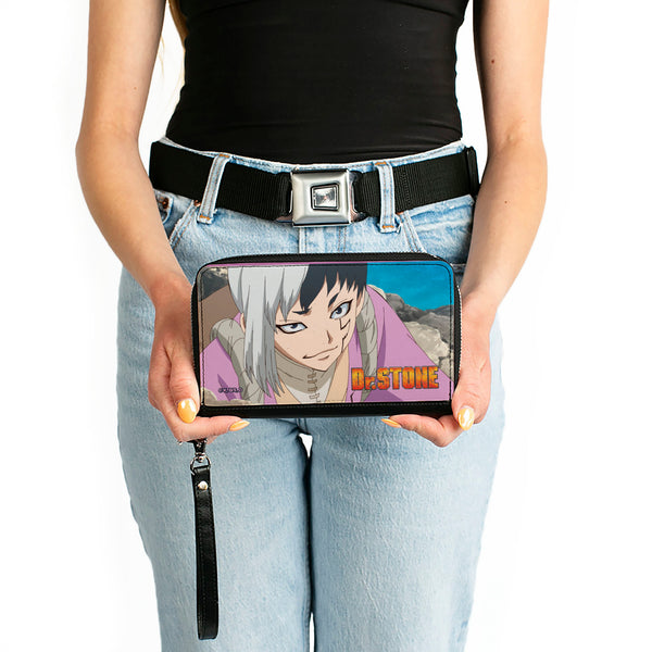 Buckle-Down PU Zip Around Wallet Rectangle - DR. STONE Gen Asagiri Hiking Pose And Title Logo