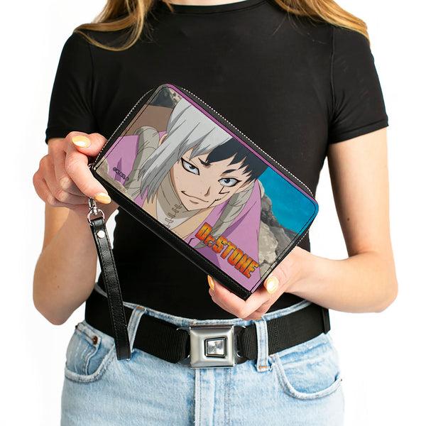 Buckle-Down PU Zip Around Wallet Rectangle - DR. STONE Gen Asagiri Hiking Pose And Title Logo