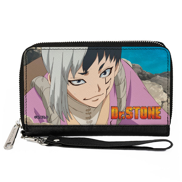 Buckle-Down PU Zip Around Wallet Rectangle - DR. STONE Gen Asagiri Hiking Pose and Title Logo
