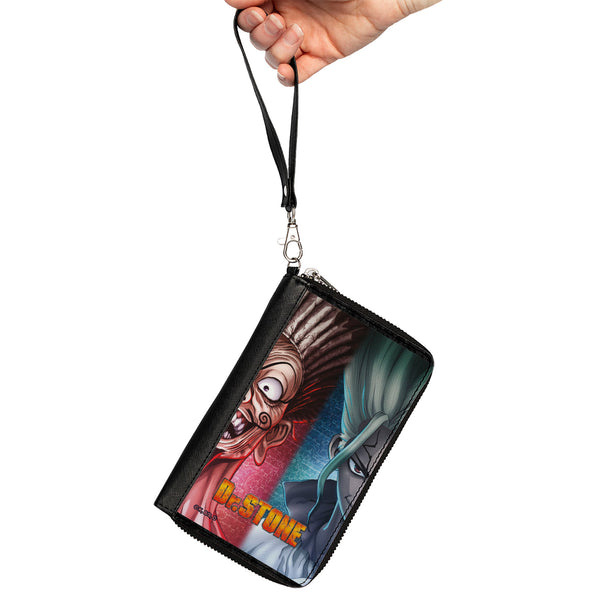 Buckle-Down PU Zip Around Wallet Rectangle - DR. STONE Ibara Senku Split Pose And Title Logo Reds/Blues