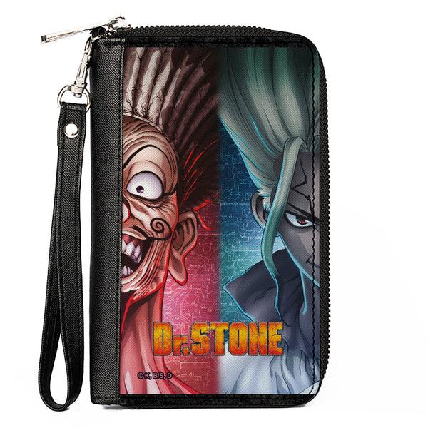 Buckle-Down PU Zip Around Wallet Rectangle - DR. STONE Ibara Senku Split Pose and Title Logo Reds/Blues