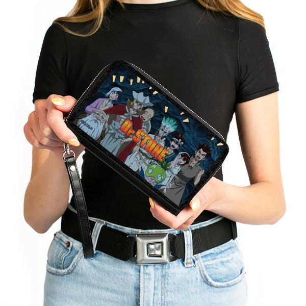 Buckle-Down PU Zip Around Wallet Rectangle - DR. STONE Nine Character Group Cave Pose And Title Logo Blues