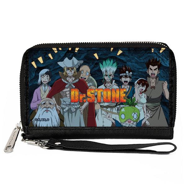 Buckle-Down PU Zip Around Wallet Rectangle - DR. STONE Nine Character Group Cave Pose and Title Logo Blues