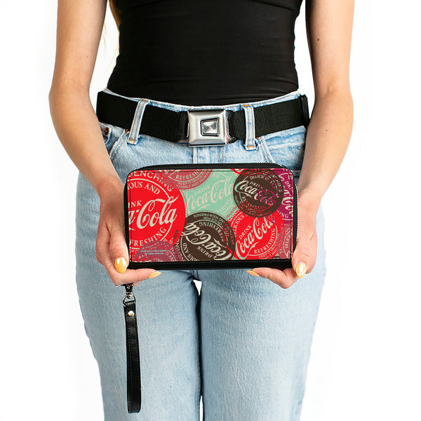 Buckle-Down PU Zip Around Wallet Rectangle - DRINK COCA-COLA Coke Patches Stacked Reds/Multi Color