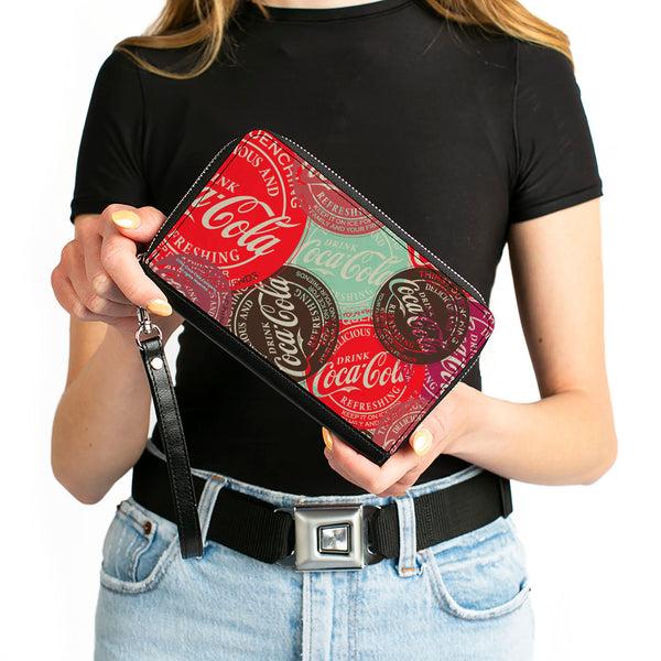 Buckle-Down PU Zip Around Wallet Rectangle - DRINK COCA-COLA Coke Patches Stacked Reds/Multi Color