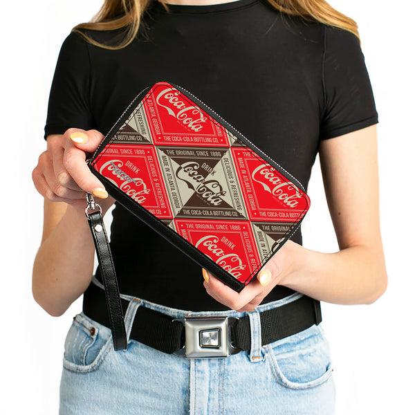 Buckle-Down PU Zip Around Wallet Rectangle - DRINK COCA-COLA DELICIOUS & REFRESHING Blocks Red/Brown/White