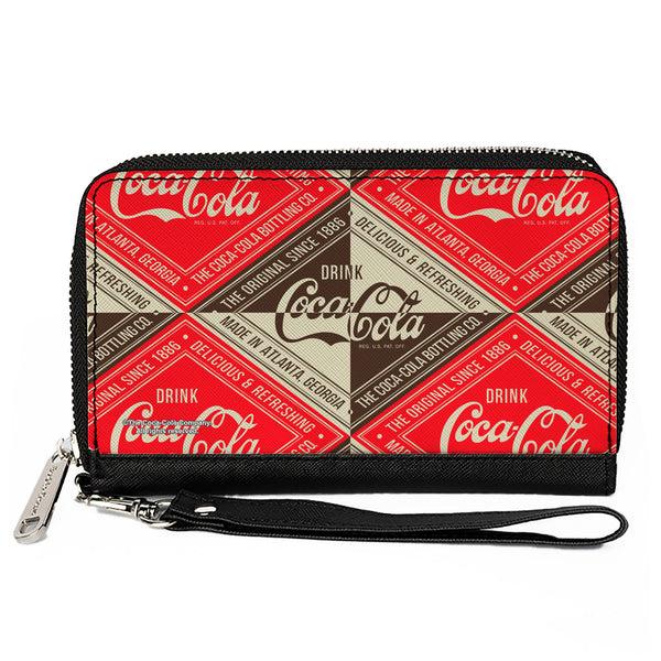 Buckle-Down PU Zip Around Wallet Rectangle - DRINK COCA-COLA DELICIOUS & REFRESHING Blocks Red/Brown/White