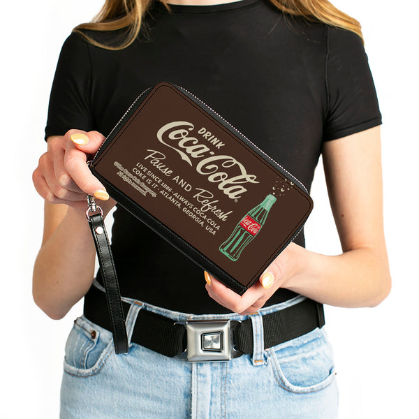 Buckle-Down PU Zip Around Wallet Rectangle - DRINK COCA-COLA PAUSE AND REFRESH Bottle Brown/White