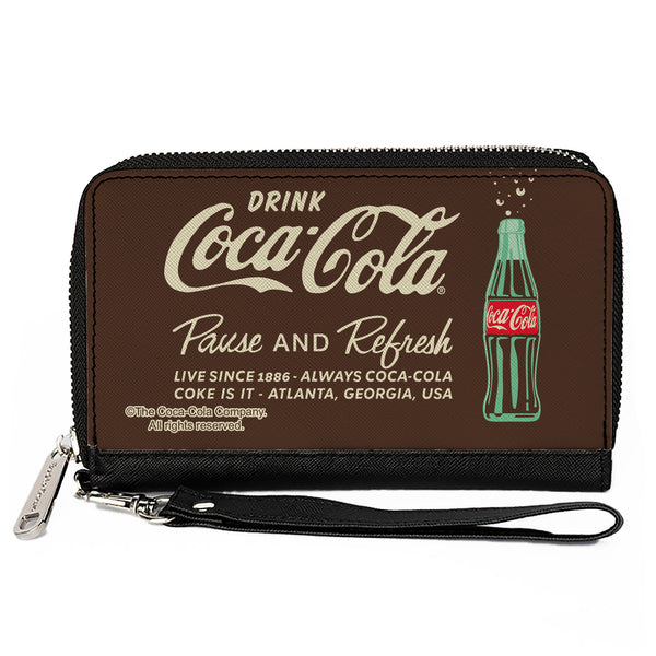 Buckle-Down PU Zip Around Wallet Rectangle - DRINK COCA-COLA PAUSE AND REFRESH Bottle Brown/White