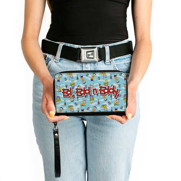 Buckle-Down PU Zip Around Wallet Rectangle - ED EDD N EDDY Title Logo And Character Poses Scattered Blues