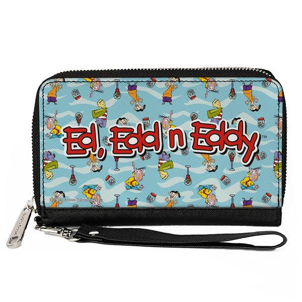 Buckle-Down PU Zip Around Wallet Rectangle - ED EDD N EDDY Title Logo and Character Poses Scattered Blues