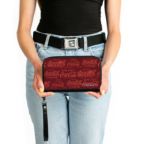 Buckle-Down PU Zip Around Wallet Rectangle - ENJOY COCA-COLA Logos Brown/Red