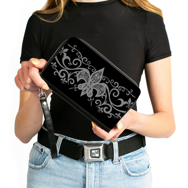 Buckle-Down PU Zip Around Wallet Rectangle - Fleur-de-Lis W/Filigree Black/Gray