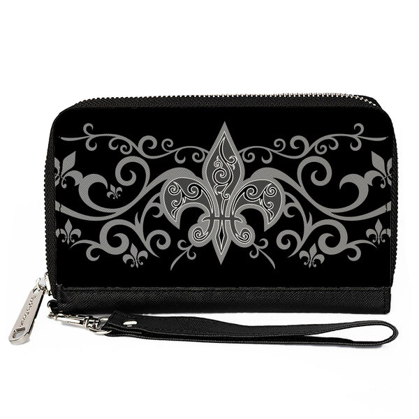 Buckle-Down PU Zip Around Wallet Rectangle - Fleur-de-Lis w/Filigree Black/Gray