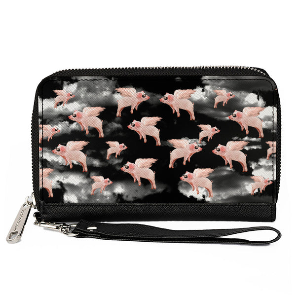 Buckle-Down PU Zip Around Wallet Rectangle - Flying Pigs Black/White/Pink